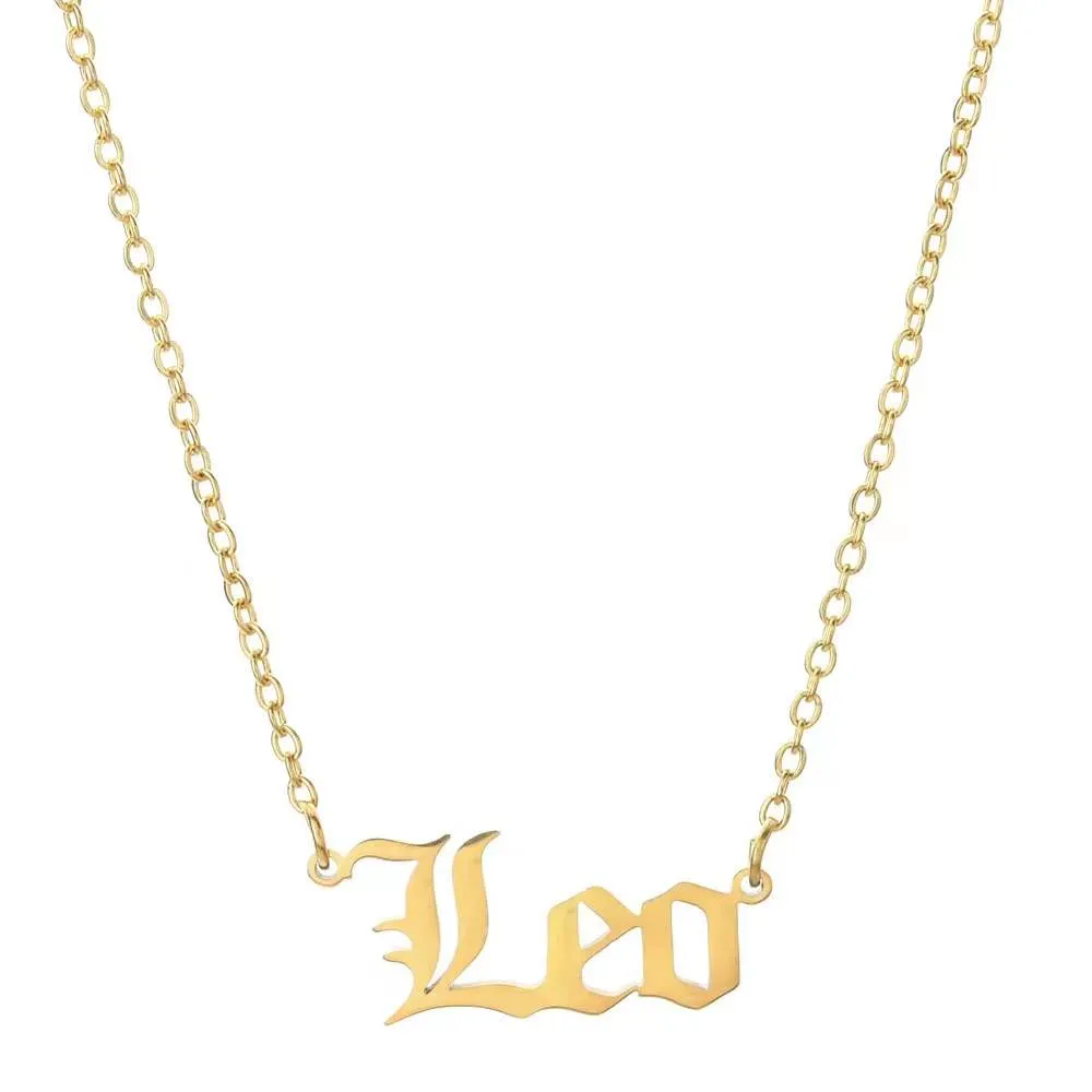 12 Zodiac Sign Charm Old English Letter Necklace Adjustable