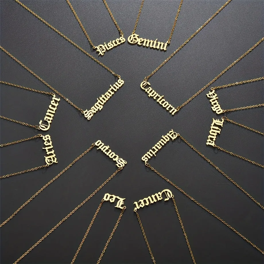 12 Zodiac Sign Charm Old English Letter Necklace Adjustable