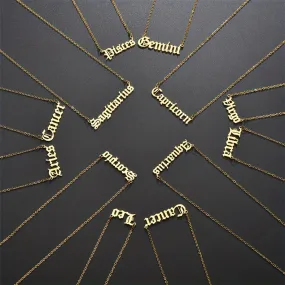 12 Zodiac Sign Charm Old English Letter Necklace Adjustable