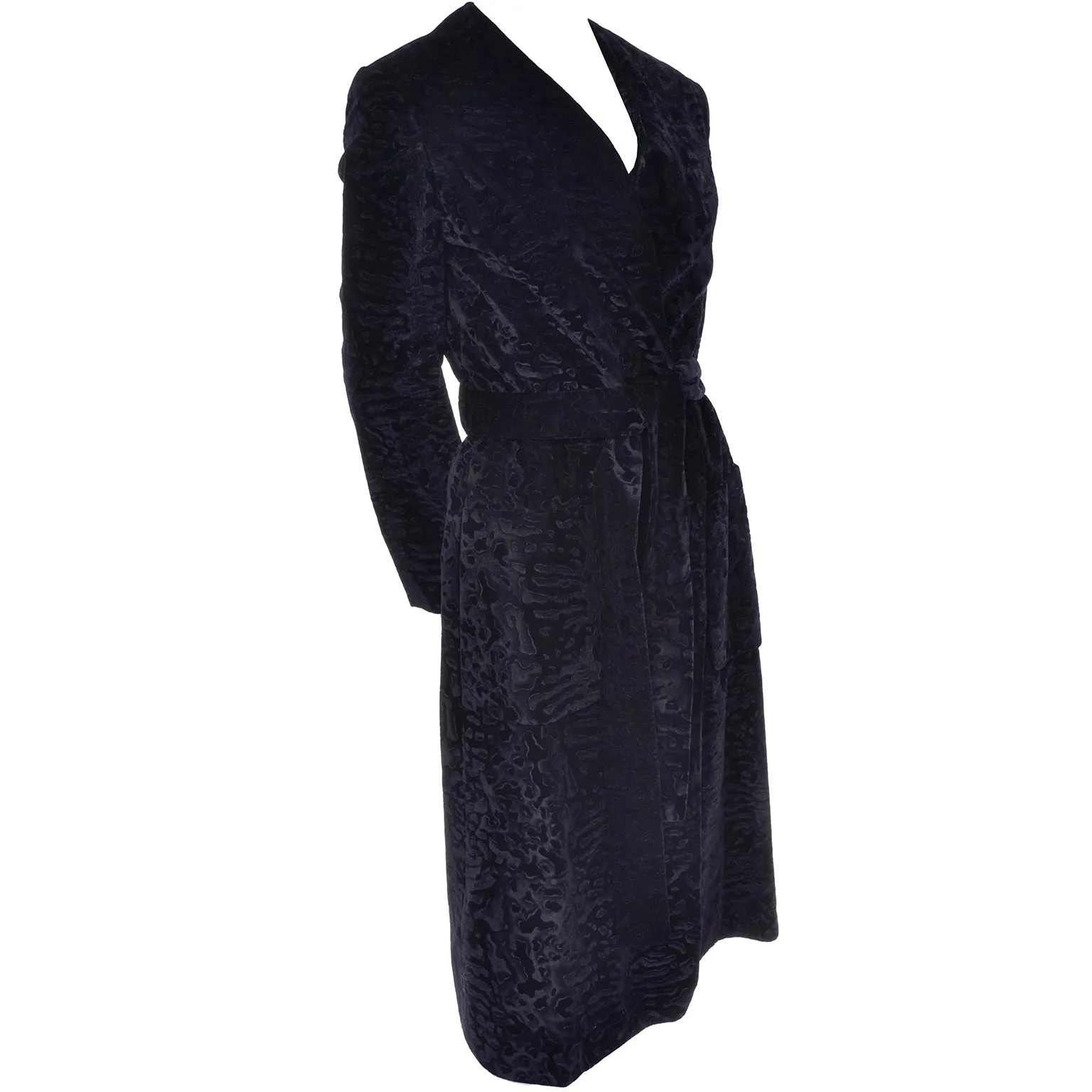 1970s Bill Blass Wrap Coat in Black Flocked Velvet w/ Pockets & Belt