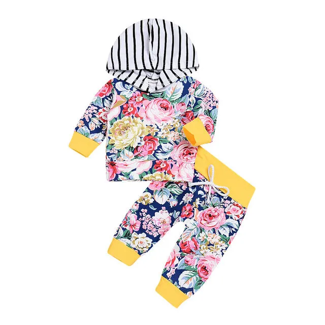 2018 Hot Sale 2PCS Toddler Baby Long Sleeve Floral Print Stripe Hooded Top Pants Set Outfit