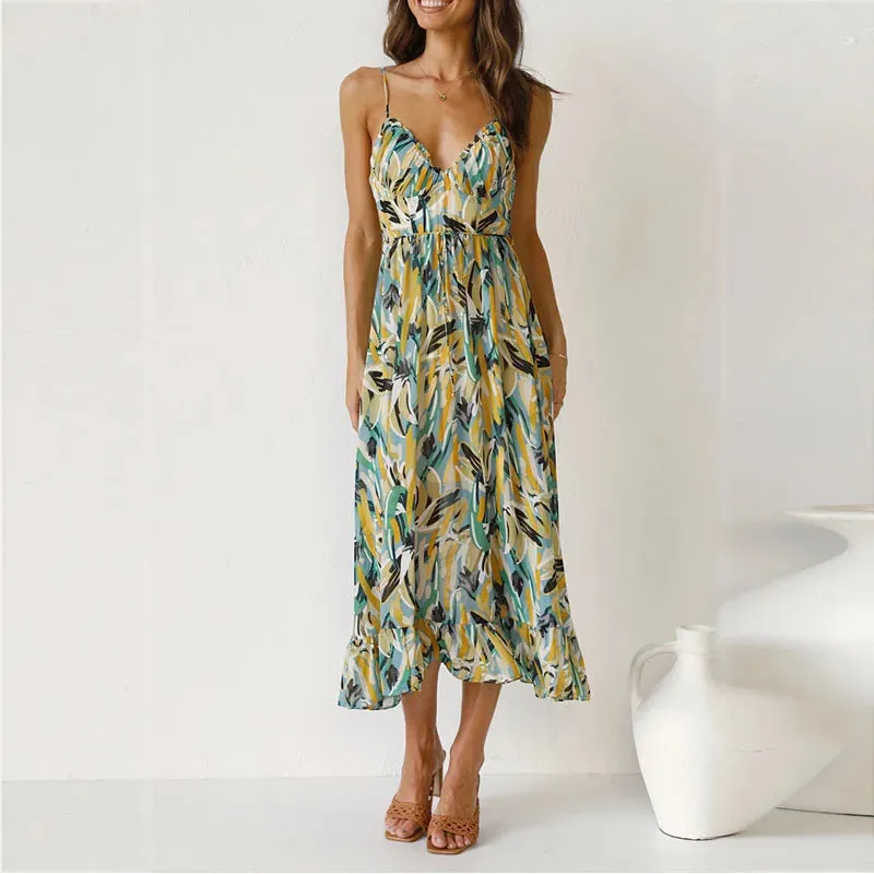 2024 Summer Fashion Elegant V-Neck Backless Sling Boho Dress