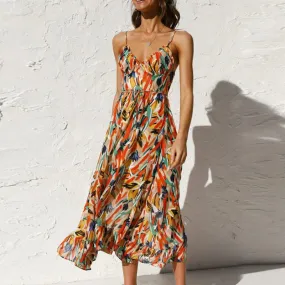 2024 Summer Fashion Elegant V-Neck Backless Sling Boho Dress