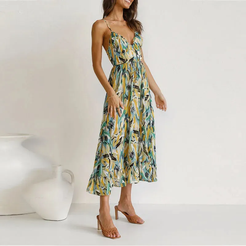 2024 Summer Fashion Elegant V-Neck Backless Sling Boho Dress