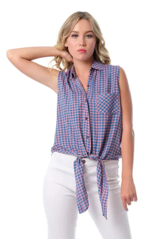 39196 Front Tie Plaids Multicolour Sleeveless Shirt