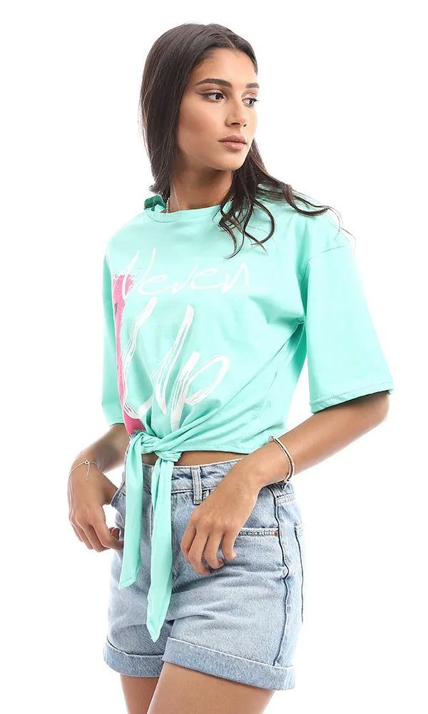 95053 Printed Front Tye Mint Crop Loose Top