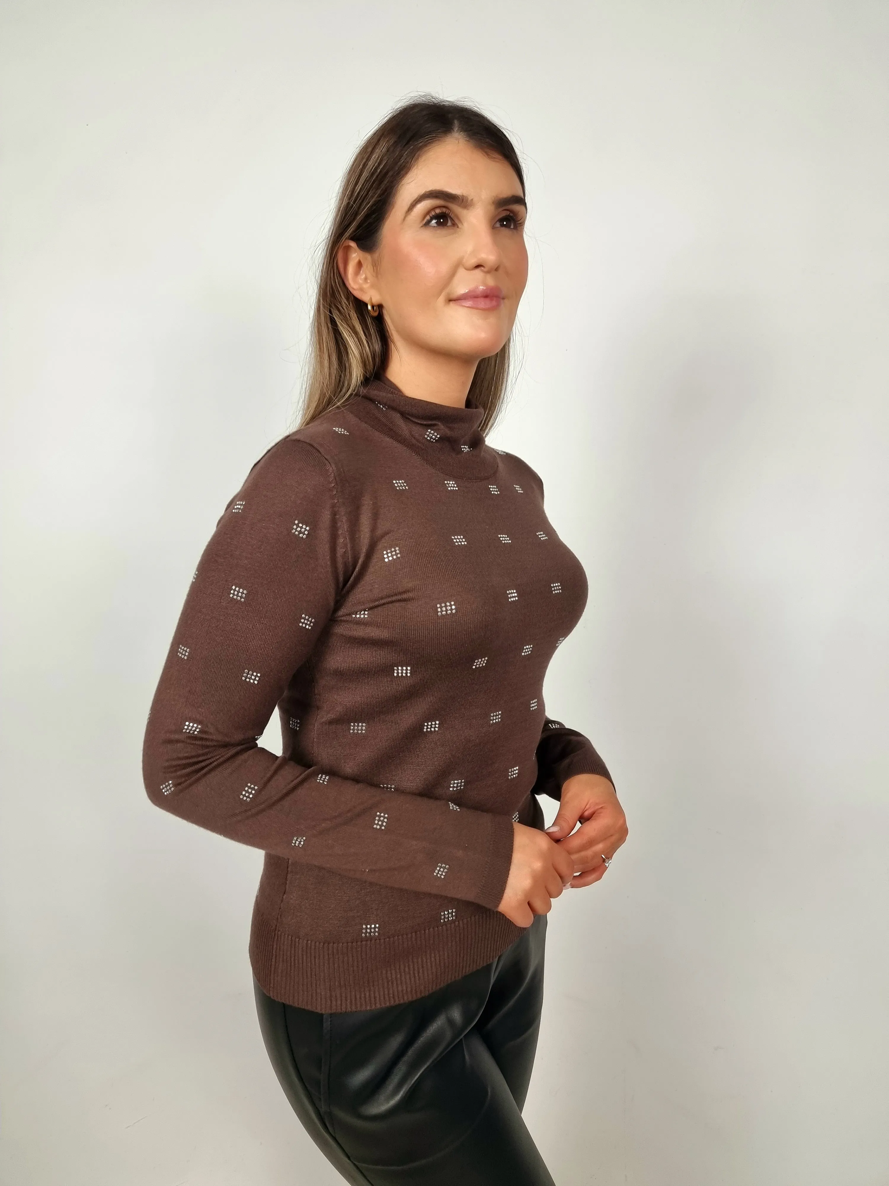 Access Fashion Chocolate Brown Rhinestone Knitted Turtleneck