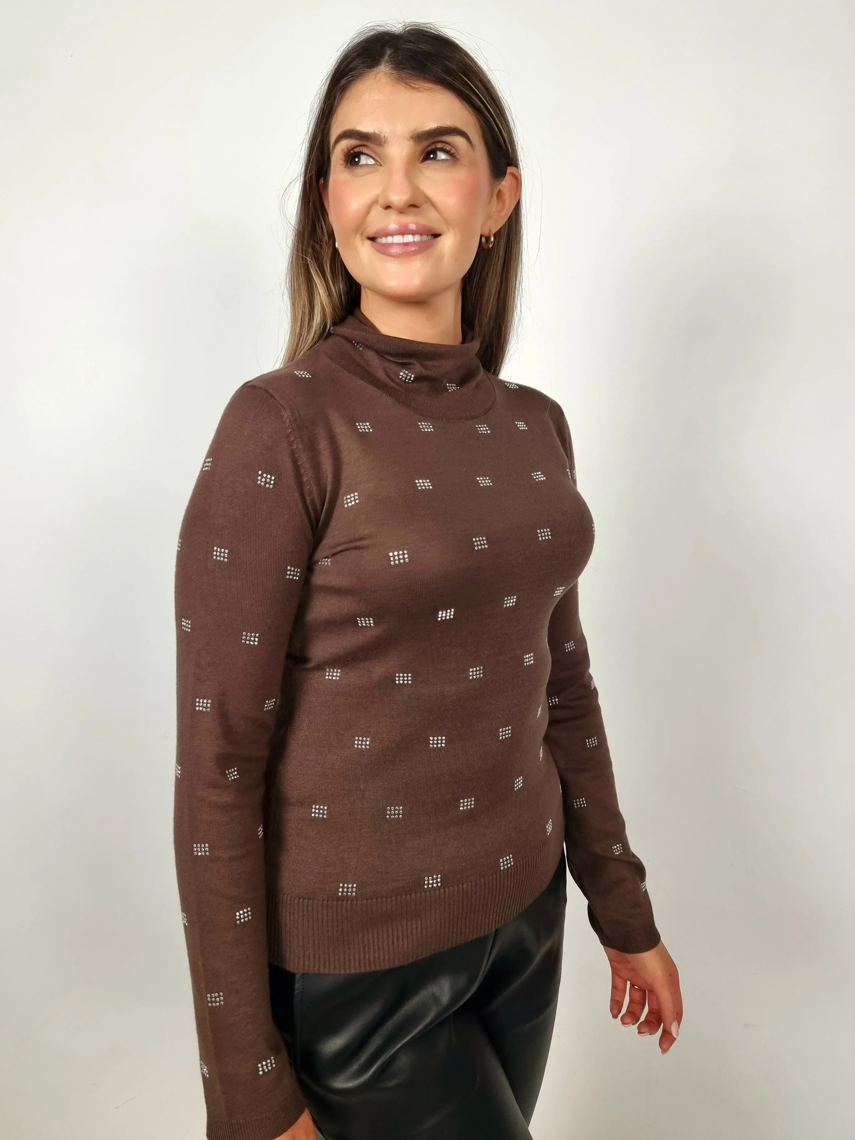 Access Fashion Chocolate Brown Rhinestone Knitted Turtleneck