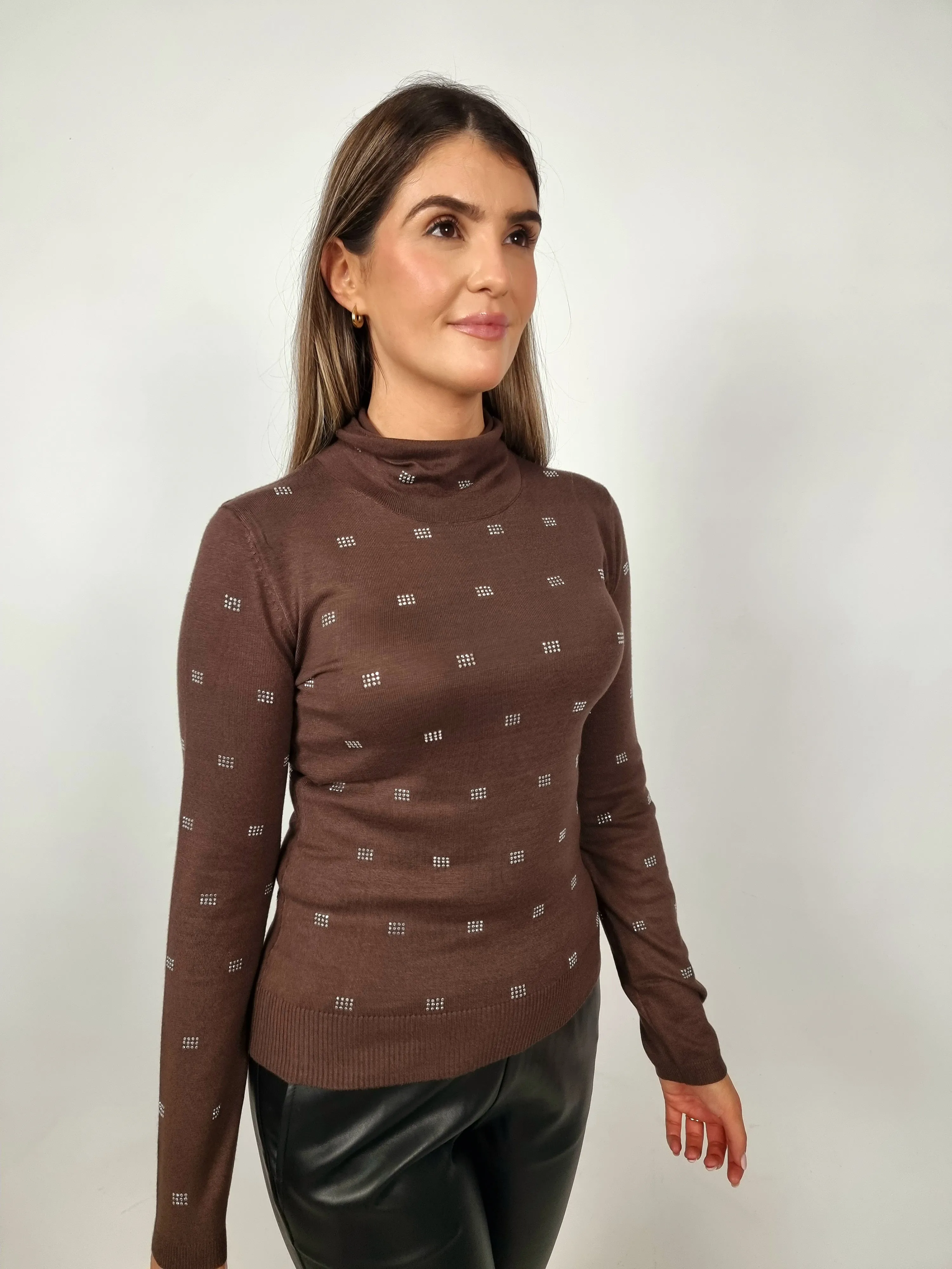 Access Fashion Chocolate Brown Rhinestone Knitted Turtleneck