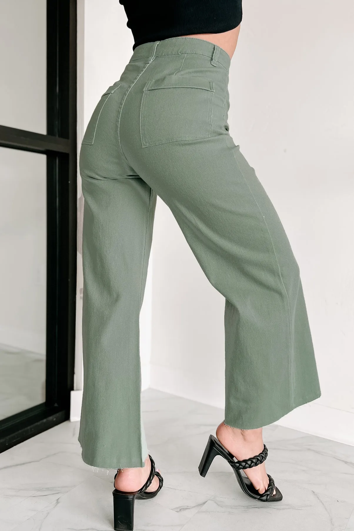 According To Plan High Rise Wide Leg Crop Jeans (Dark Sage)