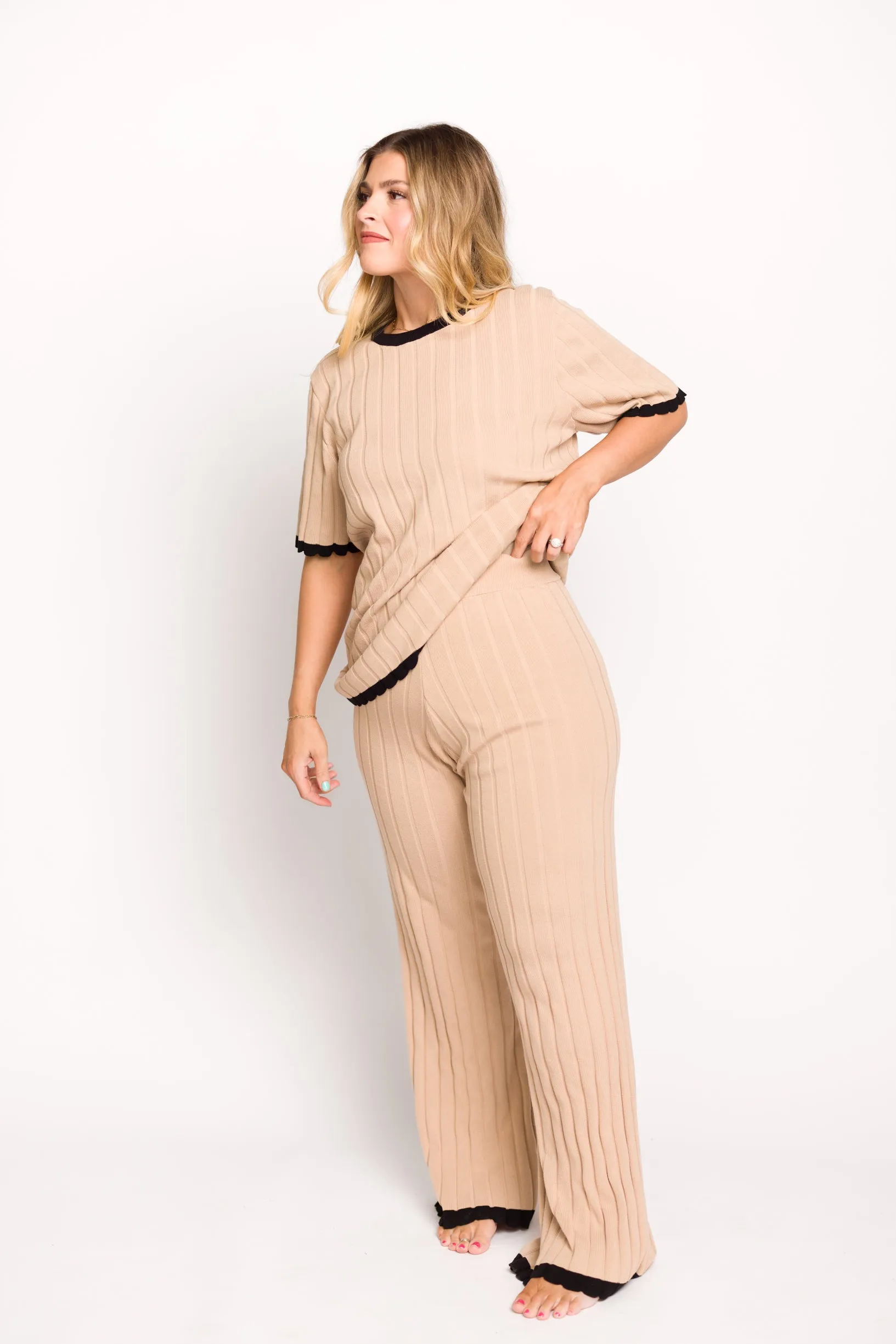 Adele Ribbed Knit Top and Pants Set in Light Taupe  (Orig: $148) $30 off for B-day Sale