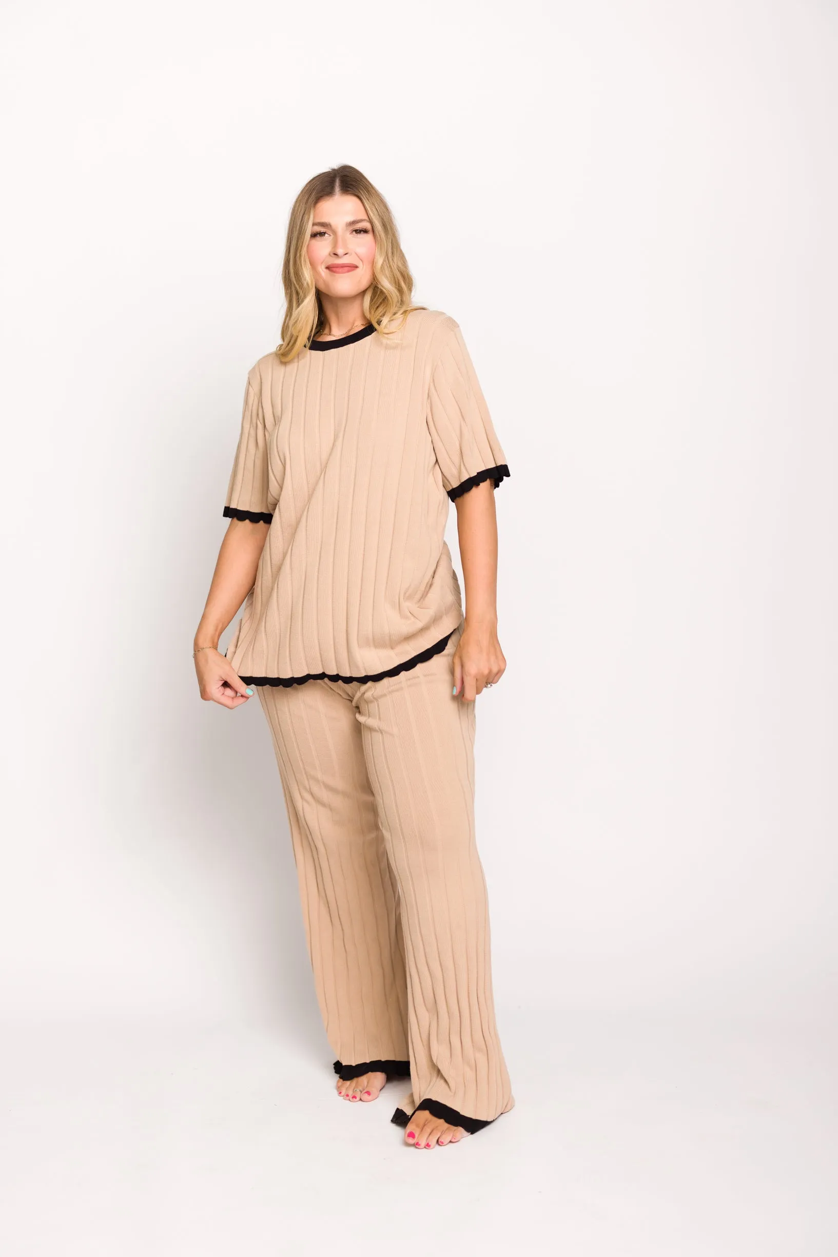 Adele Ribbed Knit Top and Pants Set in Light Taupe  (Orig: $148) $30 off for B-day Sale