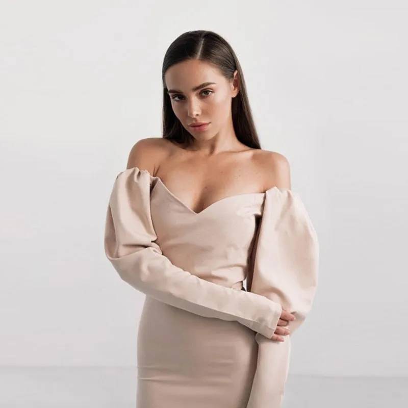 Amy Fashion - Churses Sexy Puff Sleeve Off The Shoulder Bodycon Dress