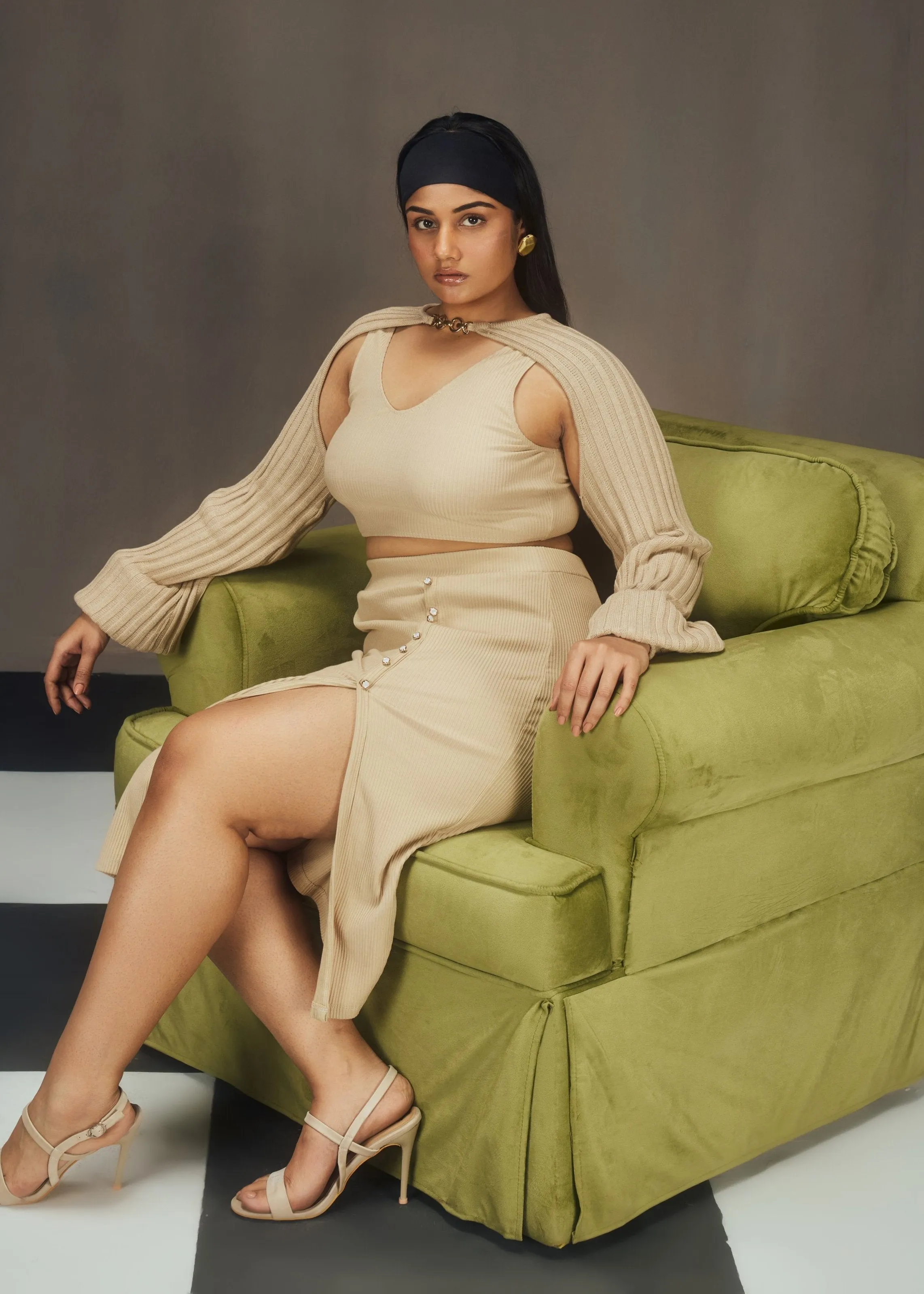 Anisa Beige Rib and Knit Lounge Coord Set