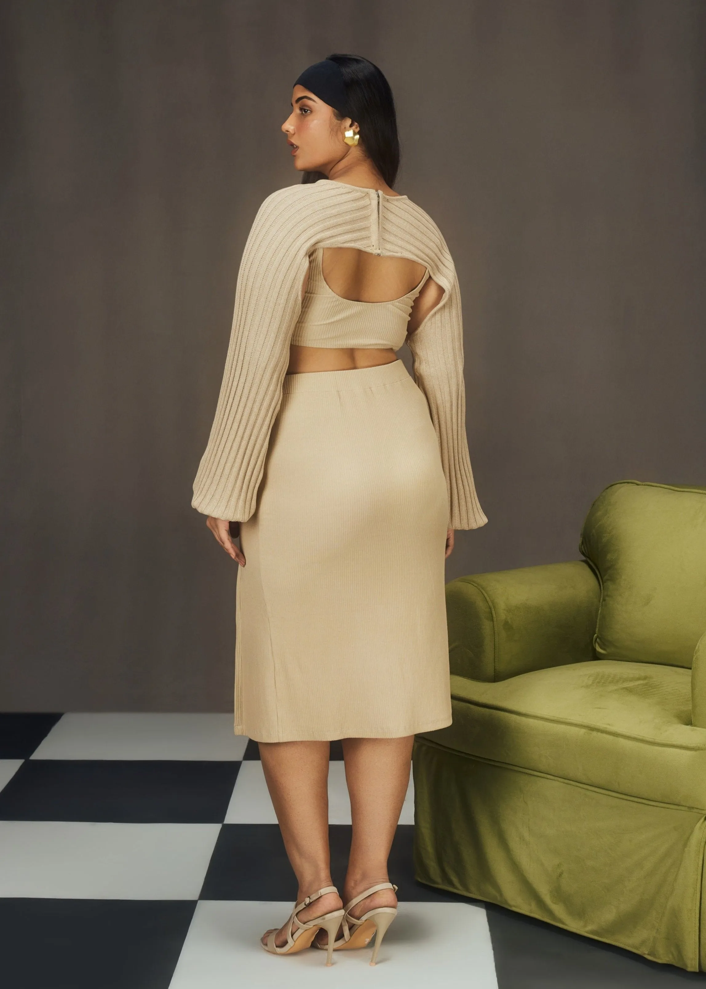 Anisa Beige Rib and Knit Lounge Coord Set