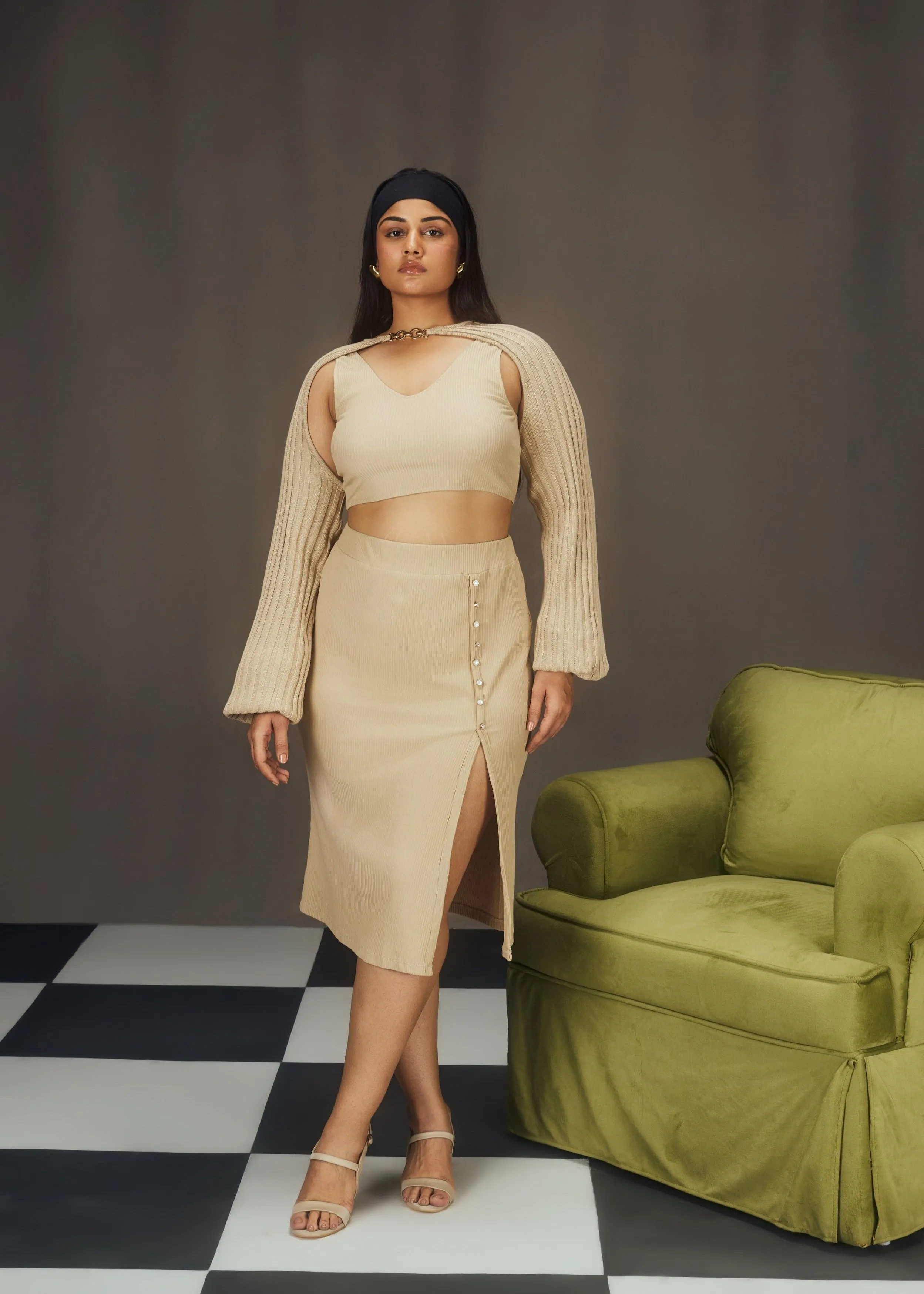 Anisa Beige Rib and Knit Lounge Coord Set