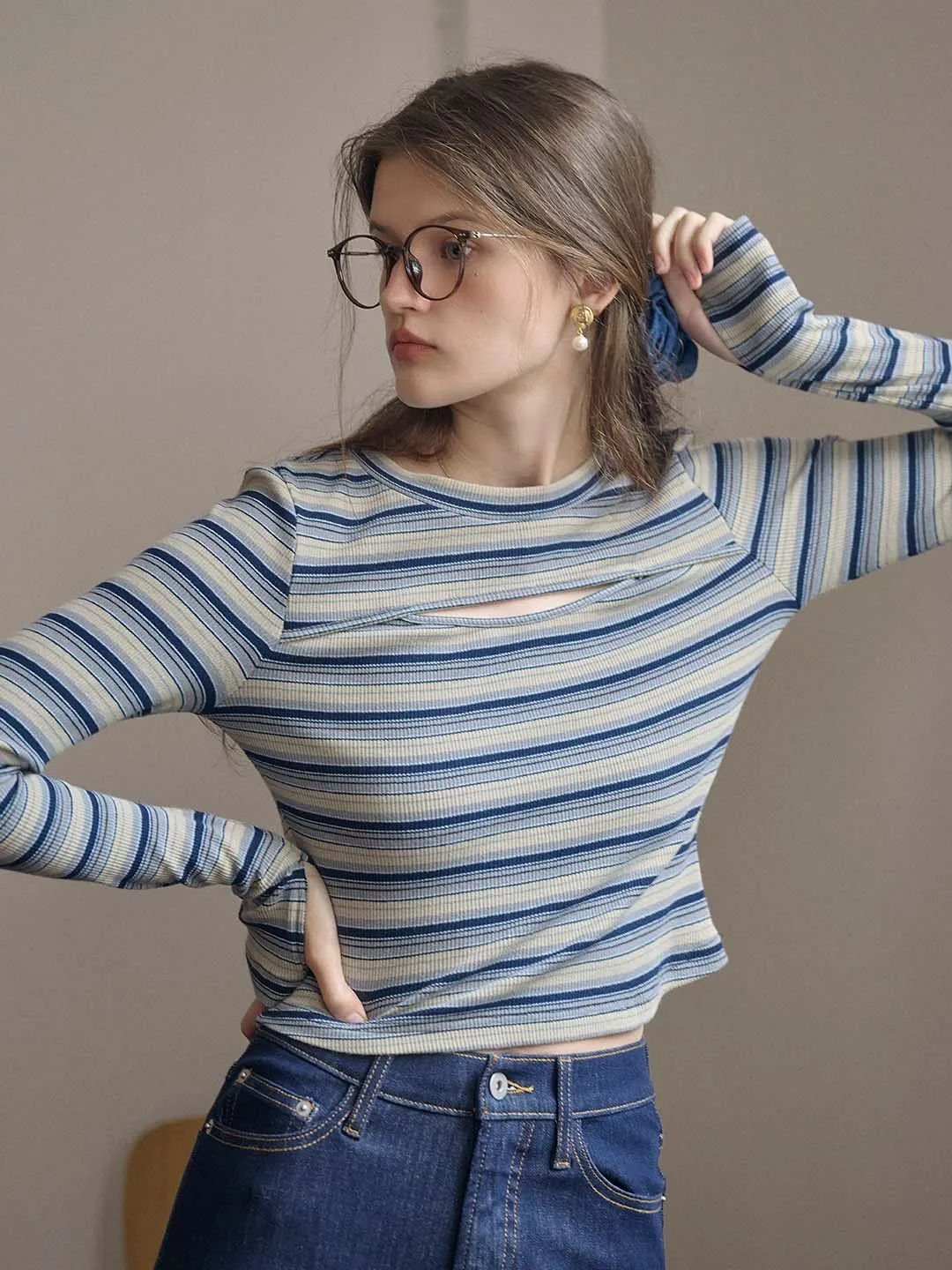 Ariya Crew Neck Hollow Striped Knit Top