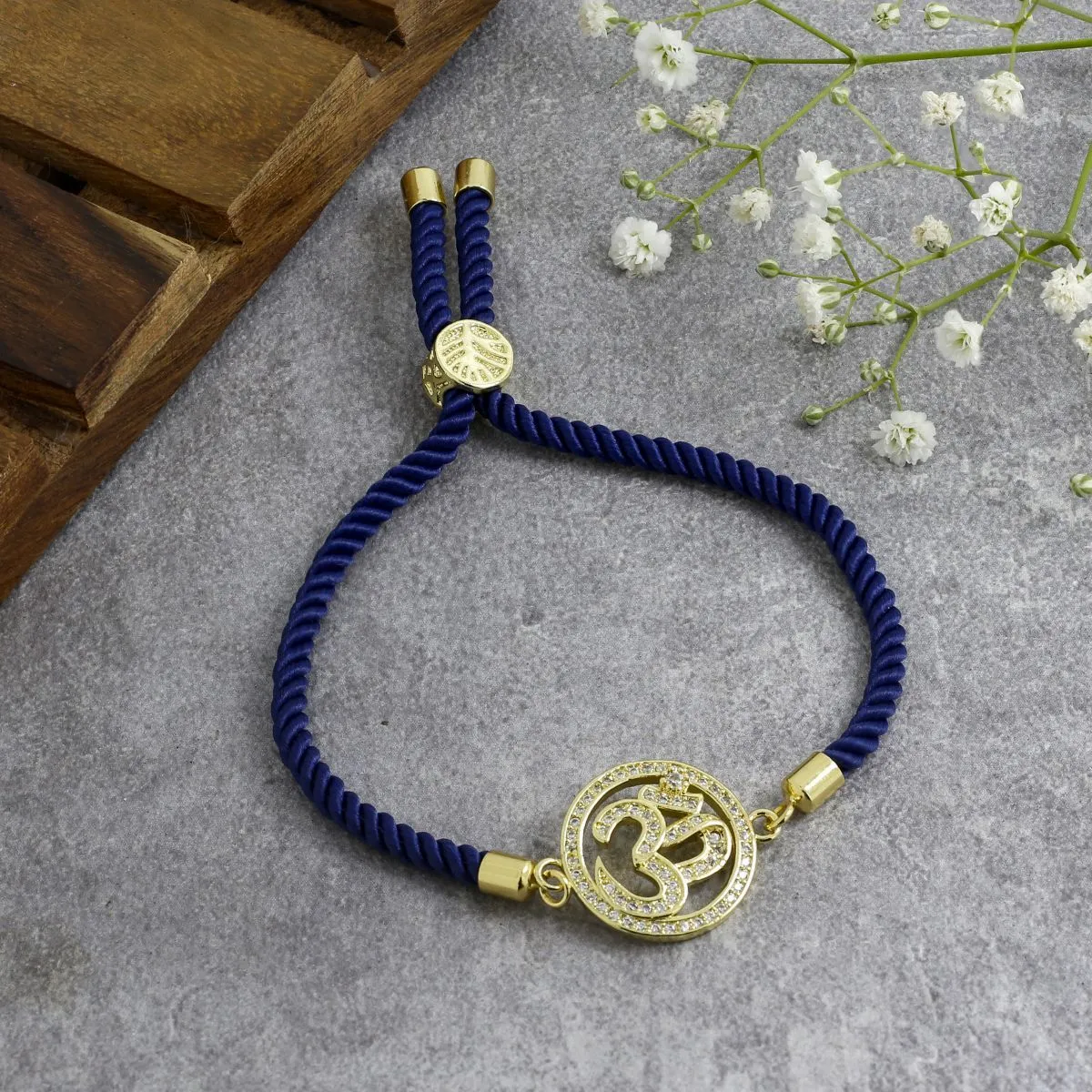 Aum Om 18K Gold Blue American Diamond Adjustable Thread Bracelet