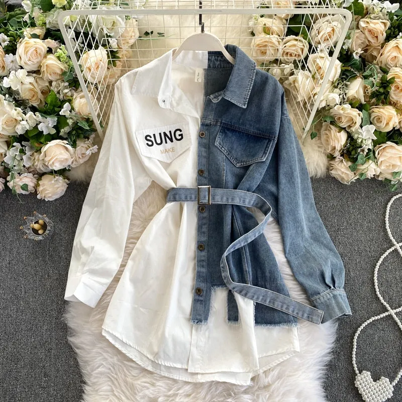 Autumn Women's Denim Shirt Color Contrast Patchwork Lace Up Blouse Shows Thin Versatile Top Fashion GD596