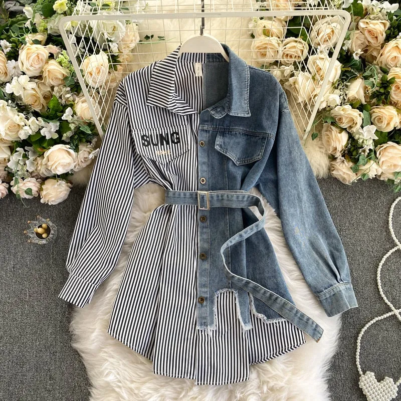 Autumn Women's Denim Shirt Color Contrast Patchwork Lace Up Blouse Shows Thin Versatile Top Fashion GD596