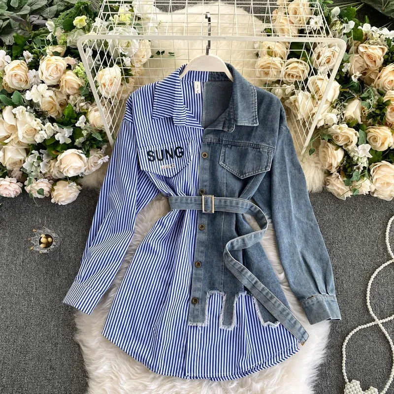 Autumn Women's Denim Shirt Color Contrast Patchwork Lace Up Blouse Shows Thin Versatile Top Fashion GD596