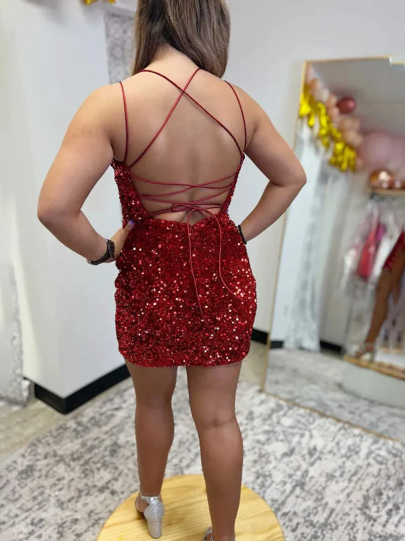 Backless Sparkly Short Prom Dress Sequins Cocktail Dress Short Homecoming Dress PD2977