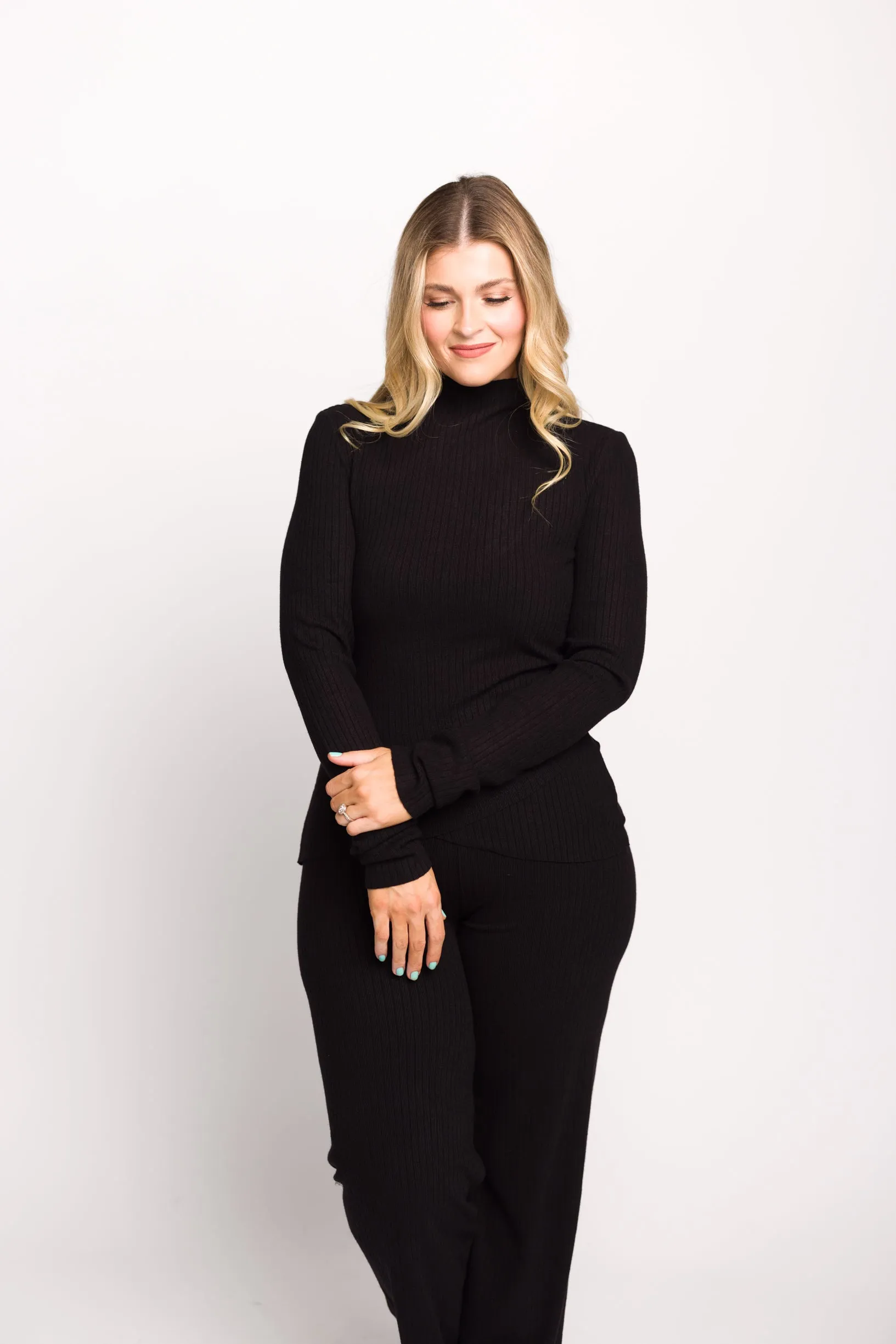 Bailey Petal Hem Long Sleeve and Pants Set in Black