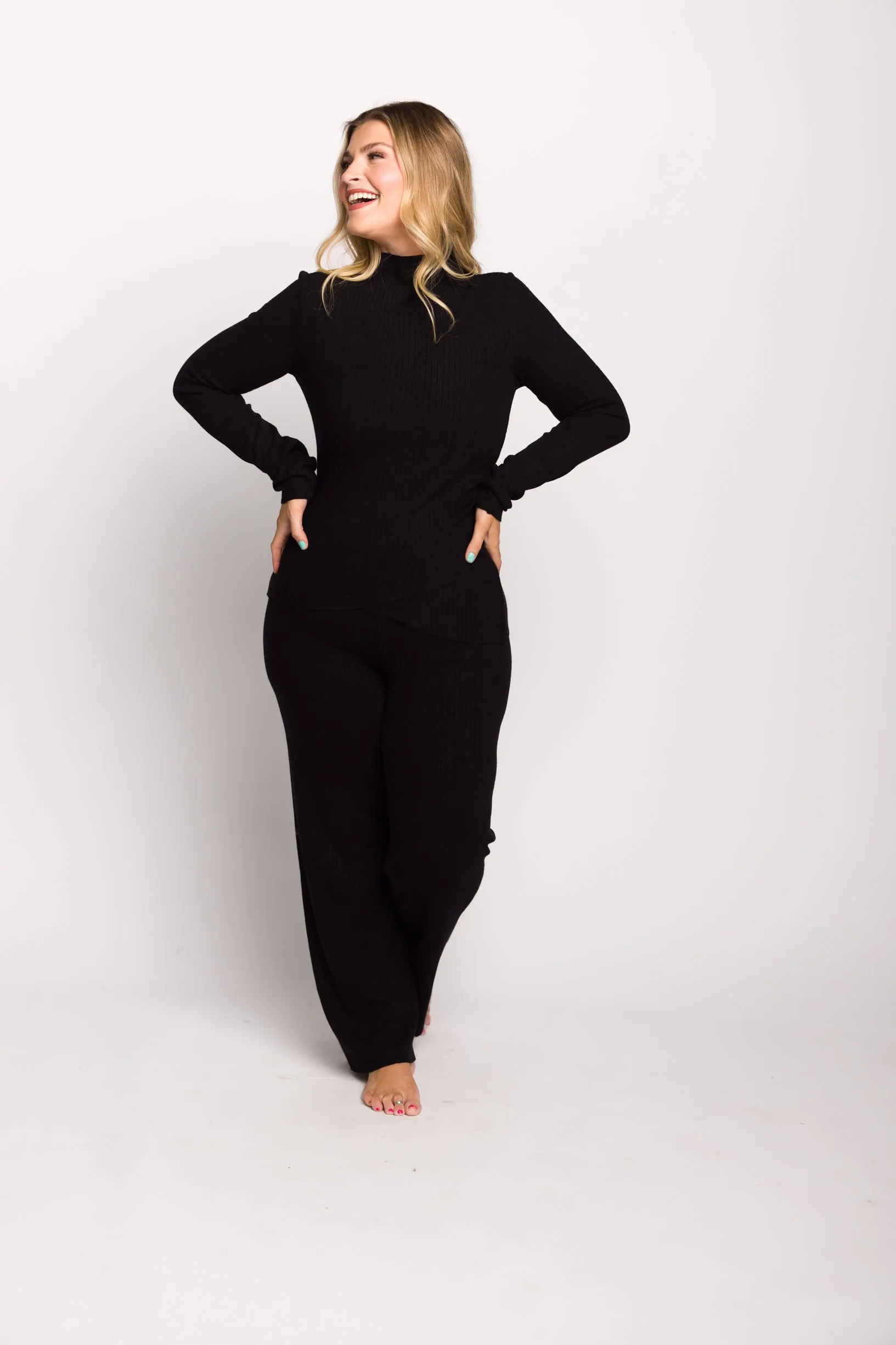 Bailey Petal Hem Long Sleeve and Pants Set in Black