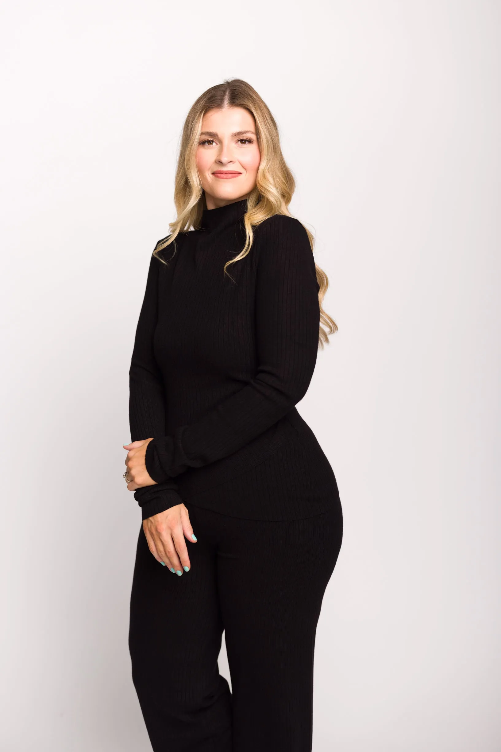 Bailey Petal Hem Long Sleeve and Pants Set in Black