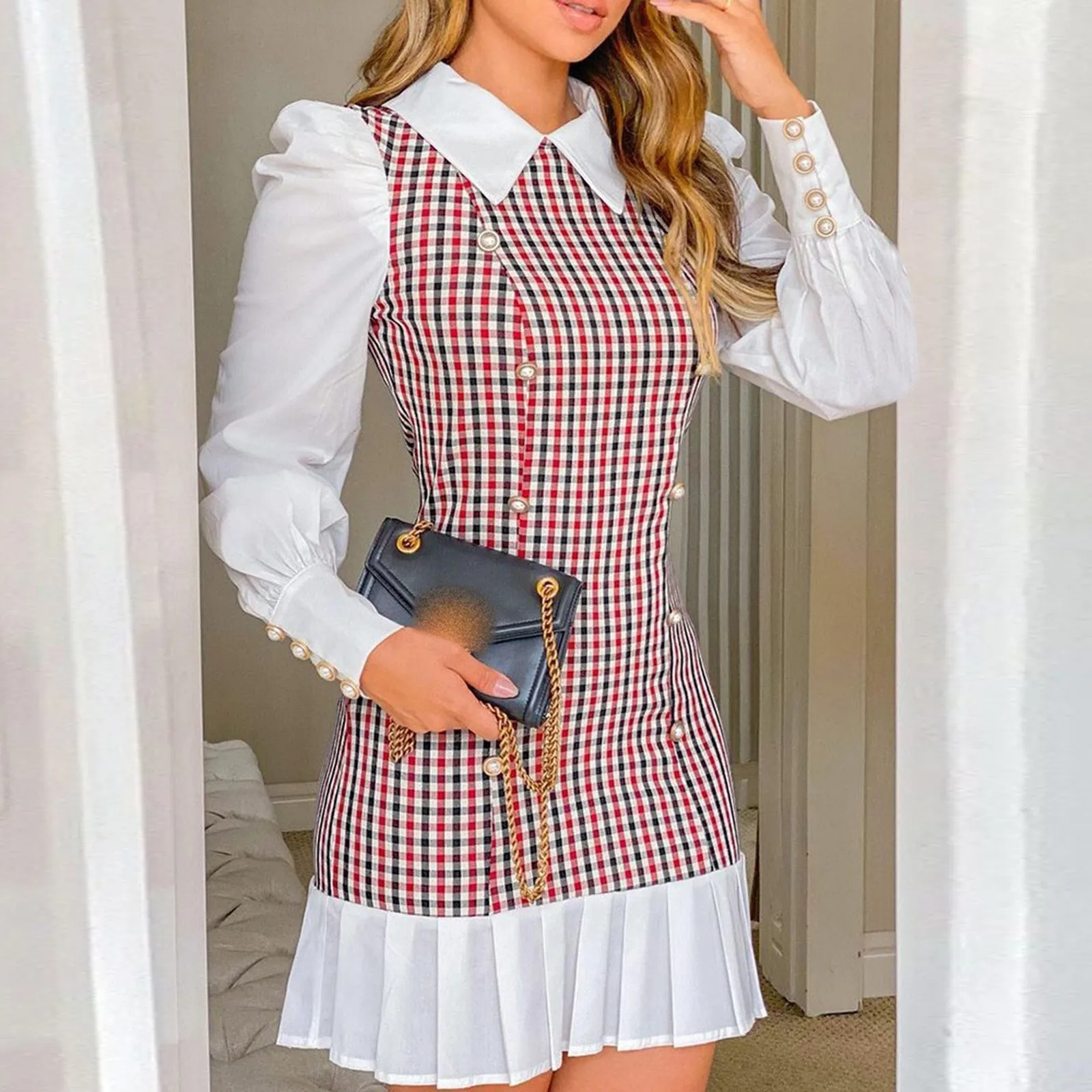 BerriesJam - 2024 Turn-down Collar A-Line Patchwork Shirt Plaid Mini Dress