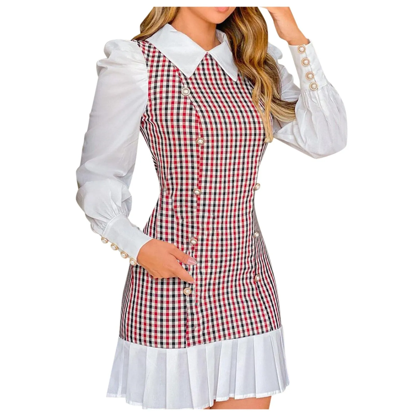 BerriesJam - 2024 Turn-down Collar A-Line Patchwork Shirt Plaid Mini Dress