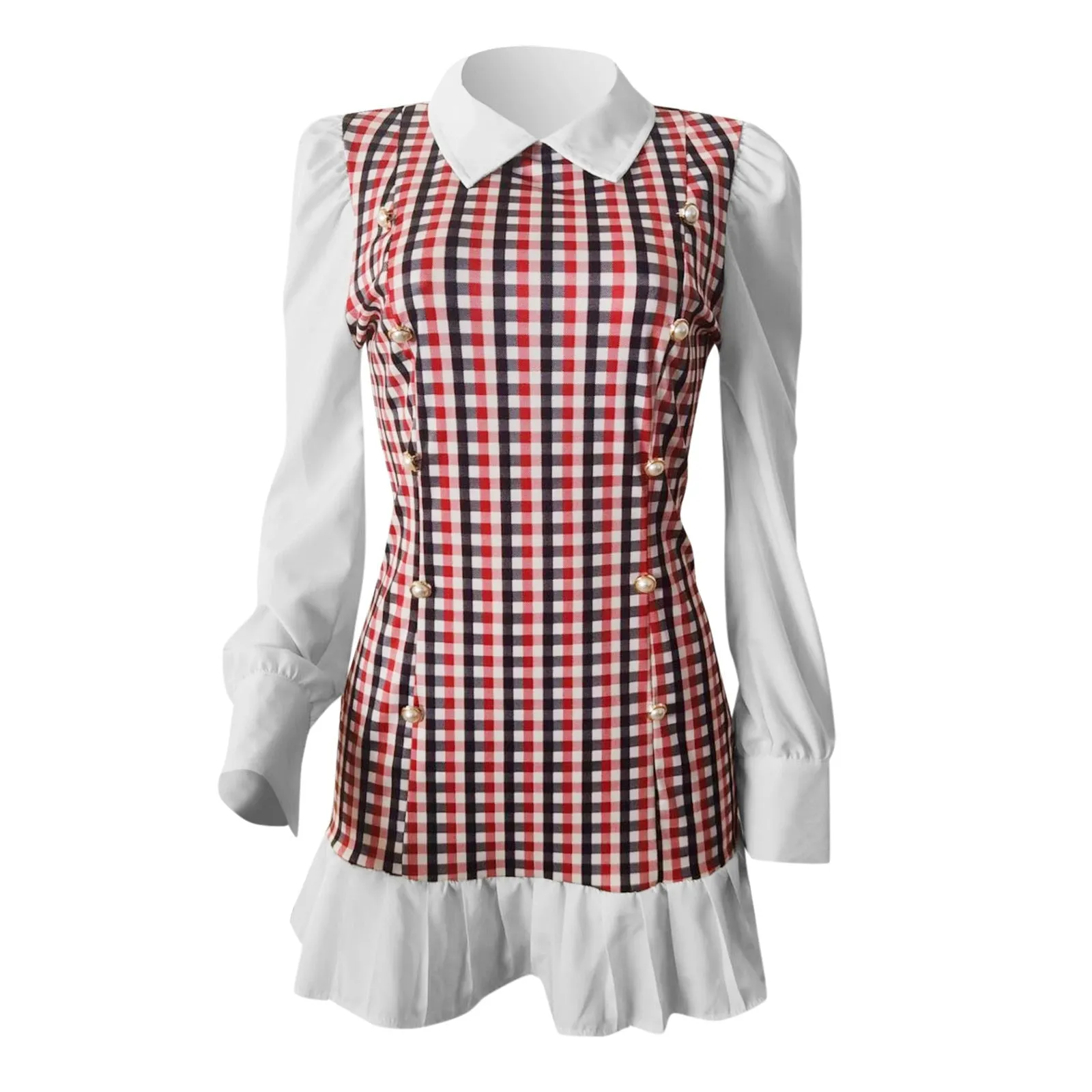 BerriesJam - 2024 Turn-down Collar A-Line Patchwork Shirt Plaid Mini Dress