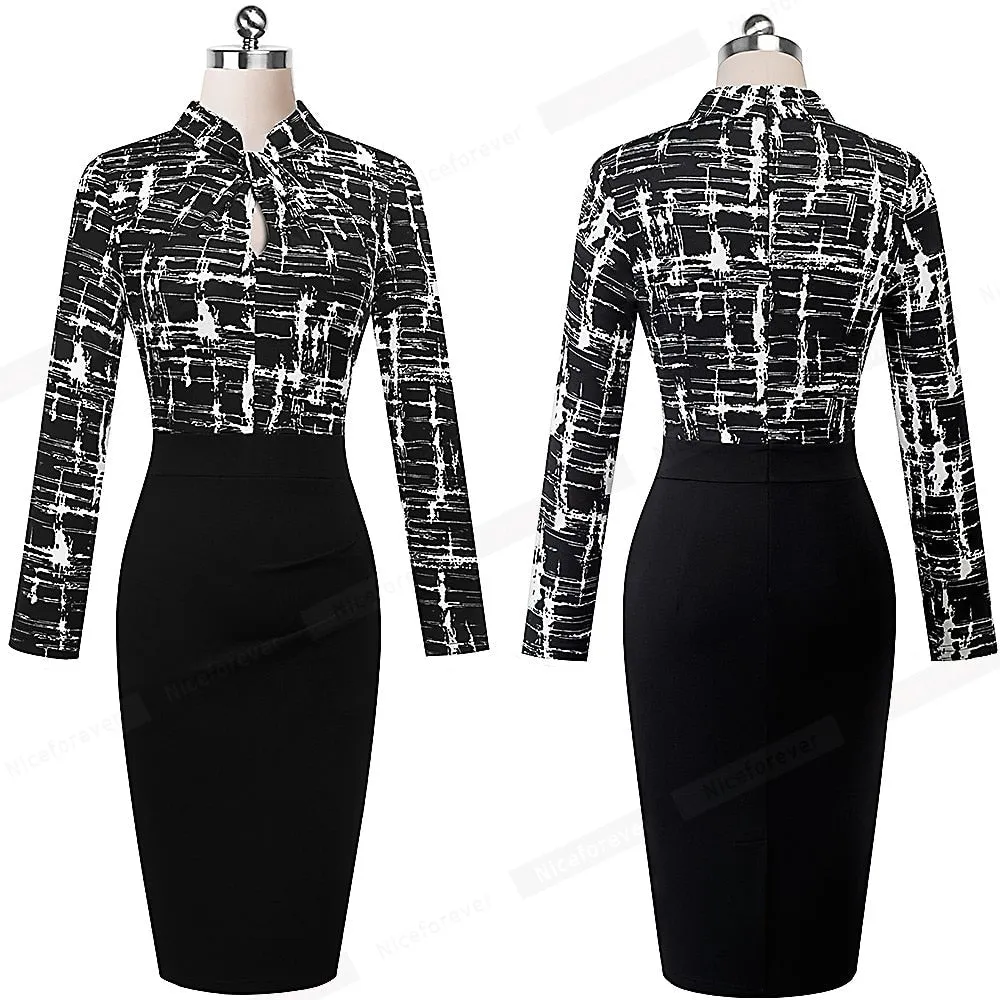 BerriesJam - 2024 Vintage Stand Collar Patchwork Long Sleeve Business Dress