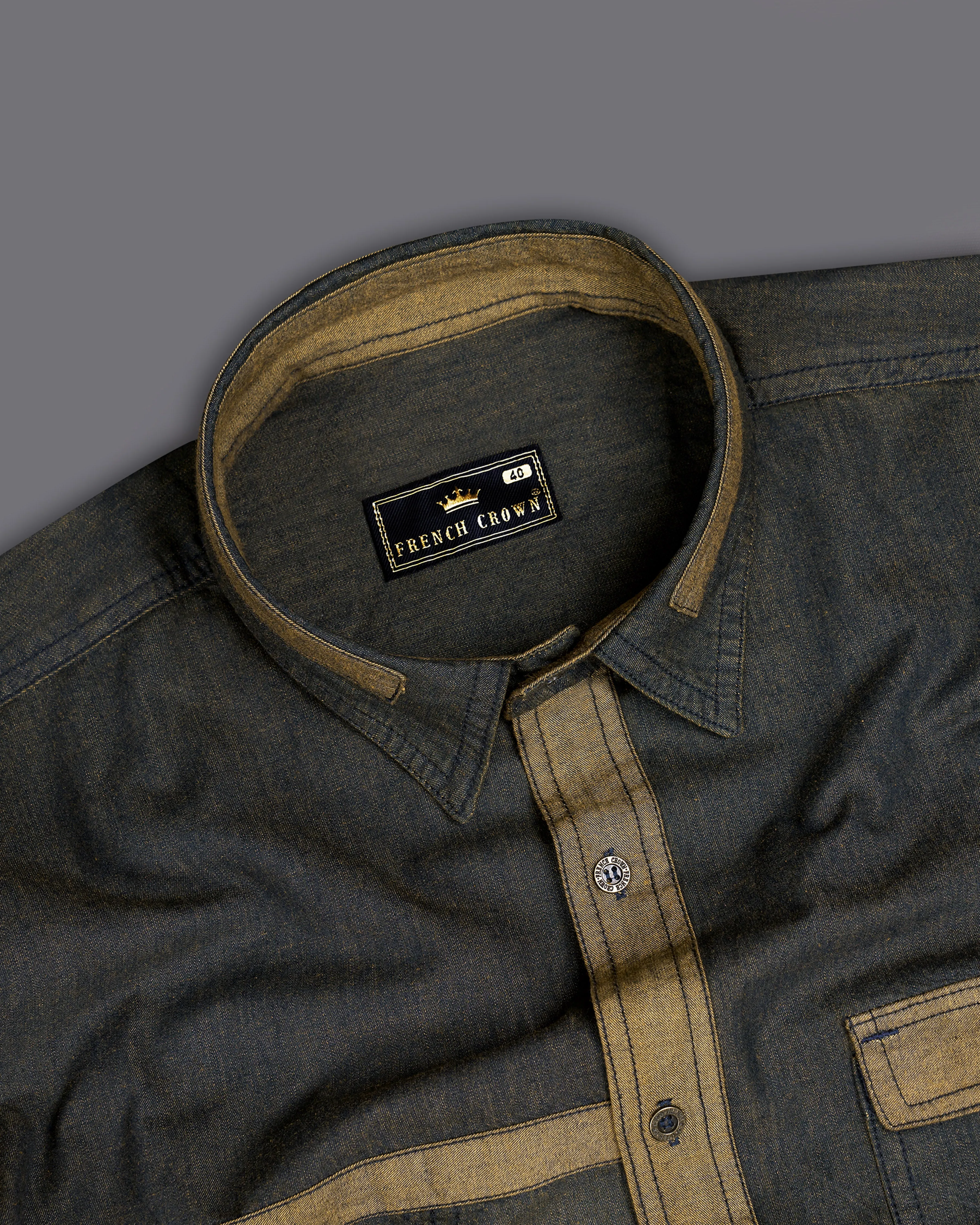 Birch Green Chambray Denim Designer Shirt with Brown Patchwork