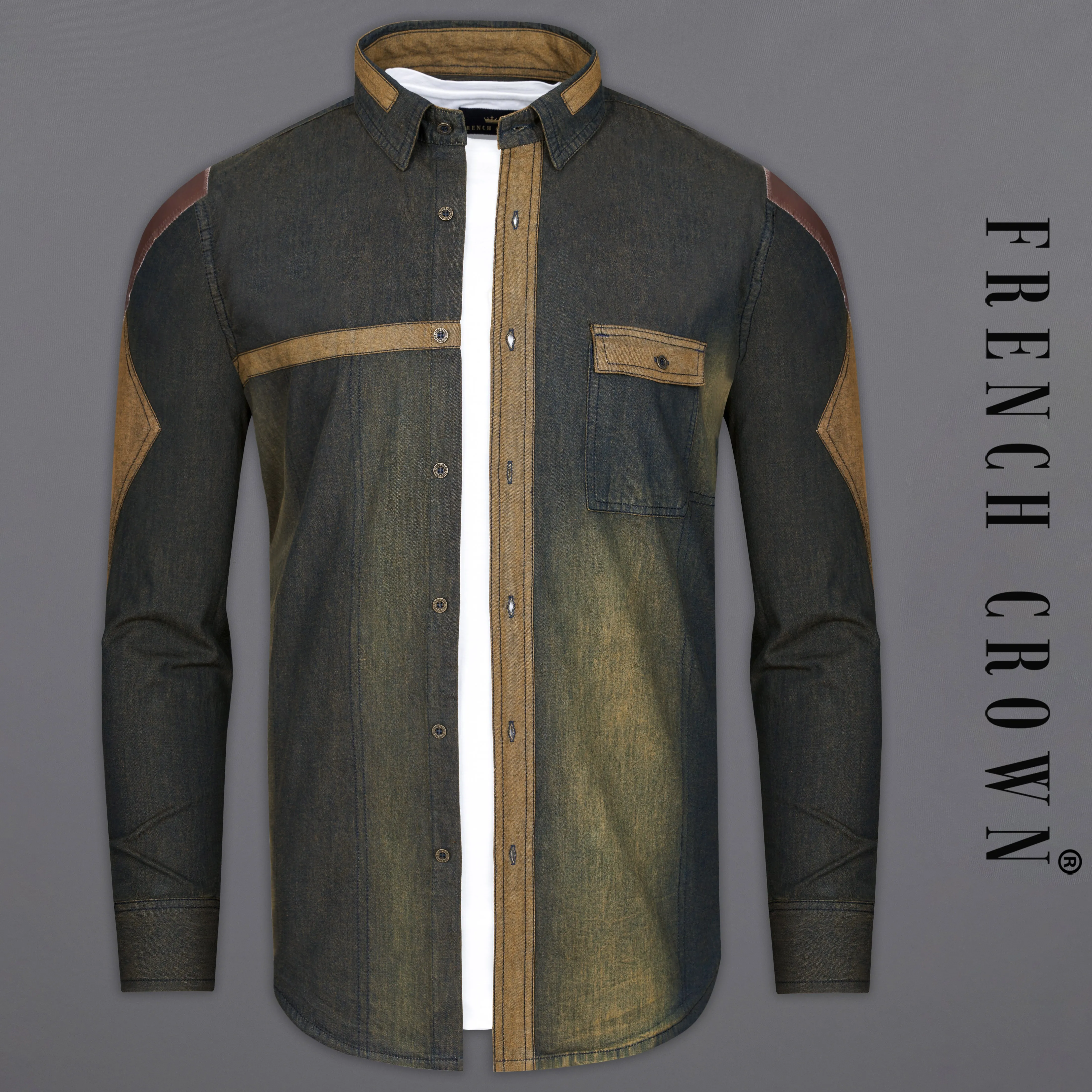 Birch Green Chambray Denim Designer Shirt with Brown Patchwork