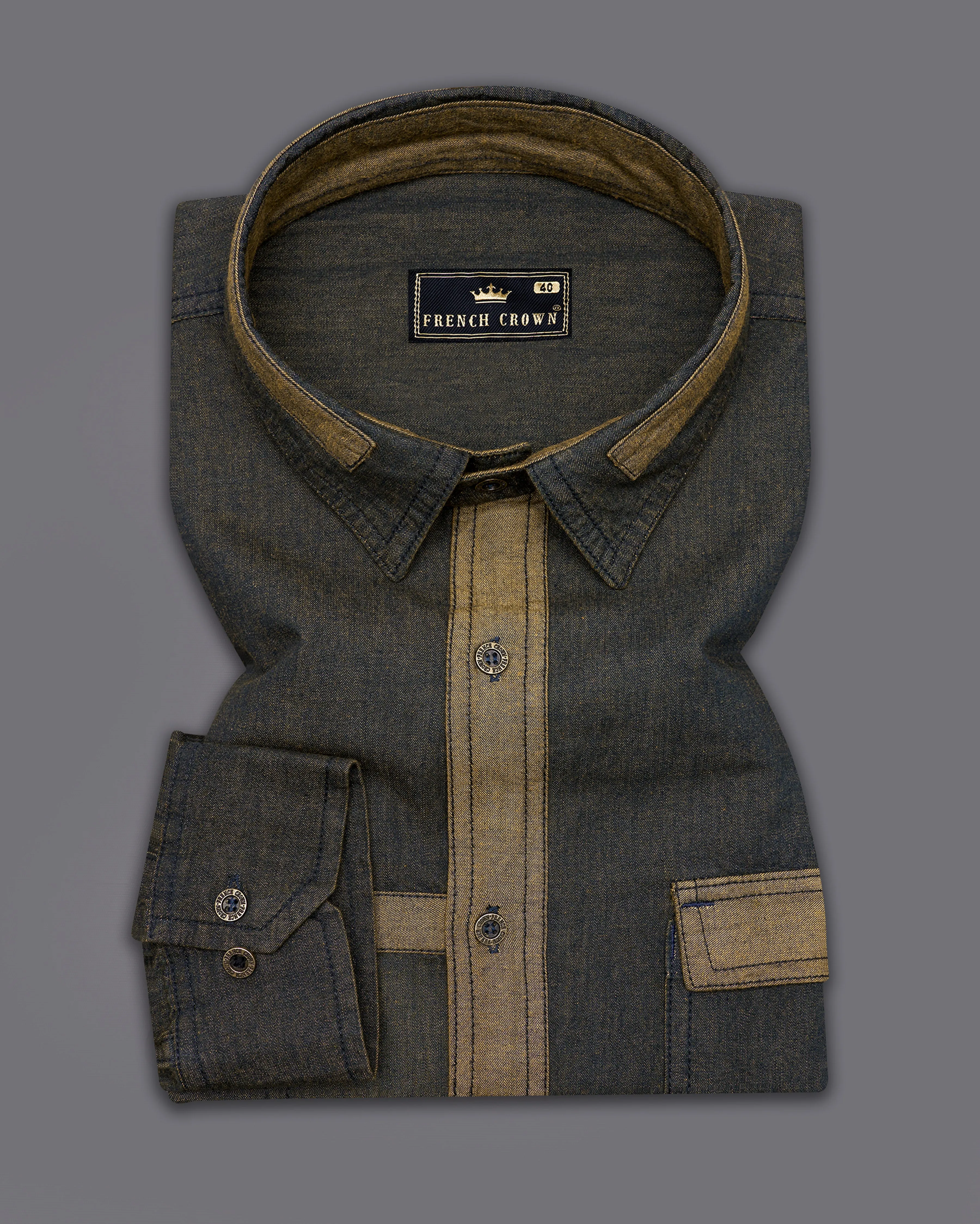 Birch Green Chambray Denim Designer Shirt with Brown Patchwork