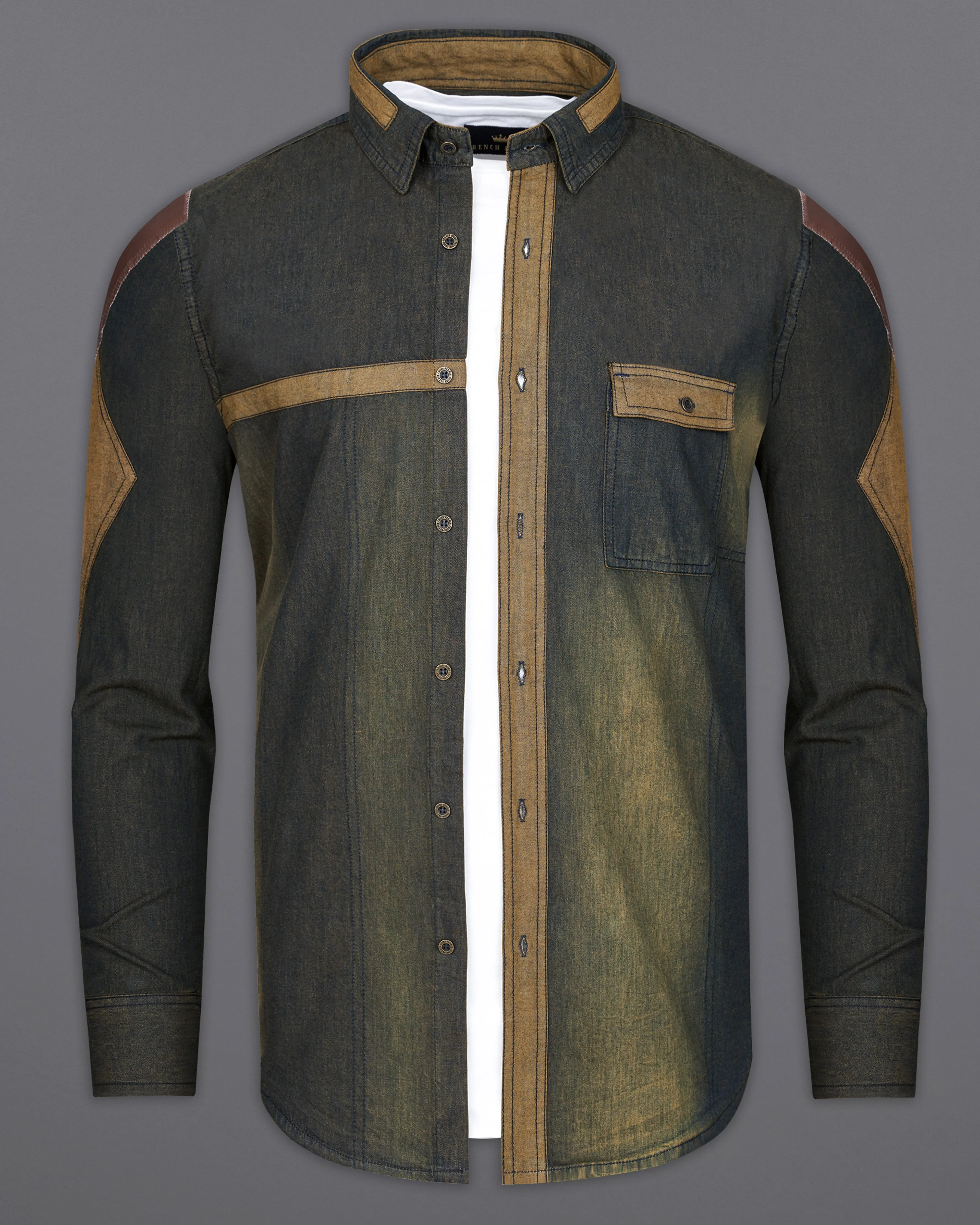 Birch Green Chambray Denim Designer Shirt with Brown Patchwork