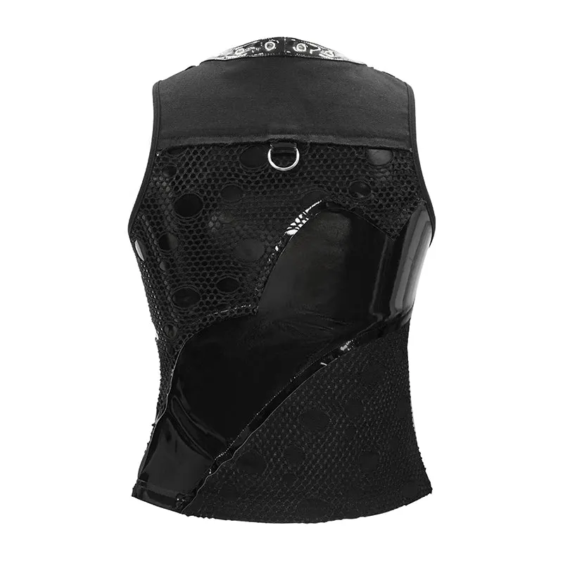 Black Cyberpunk Style Vest w/ Grommet, Stud and Fishnet Details