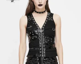 Black Cyberpunk Style Vest w/ Grommet, Stud and Fishnet Details