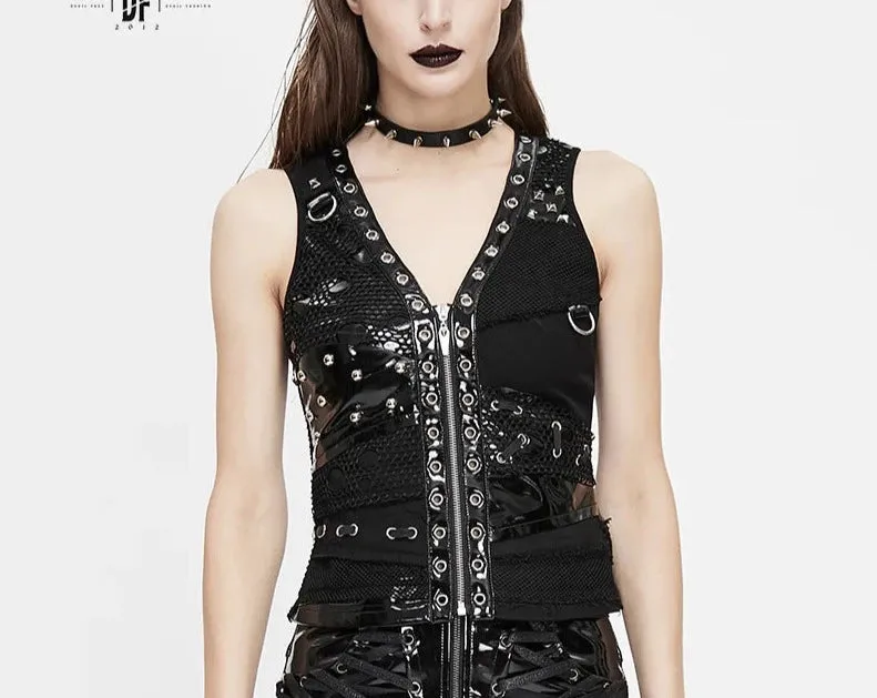 Black Cyberpunk Style Vest w/ Grommet, Stud and Fishnet Details