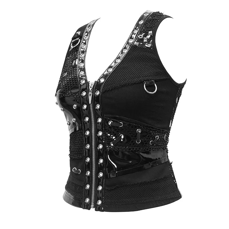 Black Cyberpunk Style Vest w/ Grommet, Stud and Fishnet Details