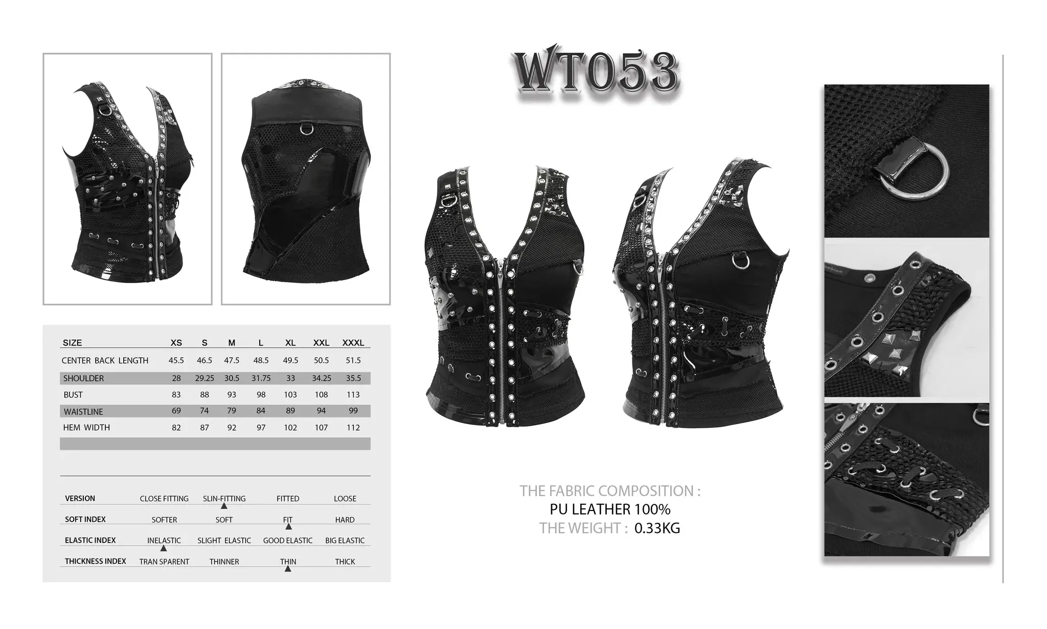 Black Cyberpunk Style Vest w/ Grommet, Stud and Fishnet Details