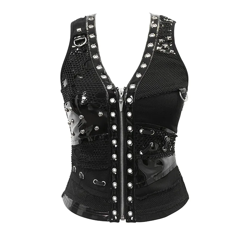 Black Cyberpunk Style Vest w/ Grommet, Stud and Fishnet Details