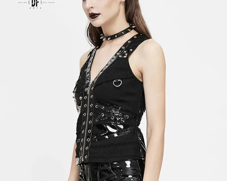 Black Cyberpunk Style Vest w/ Grommet, Stud and Fishnet Details