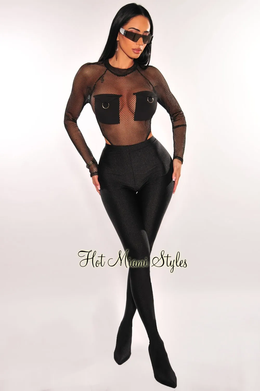 Black Fishnet Pockets Long Sleeve Ultra High Cut Bodysuit