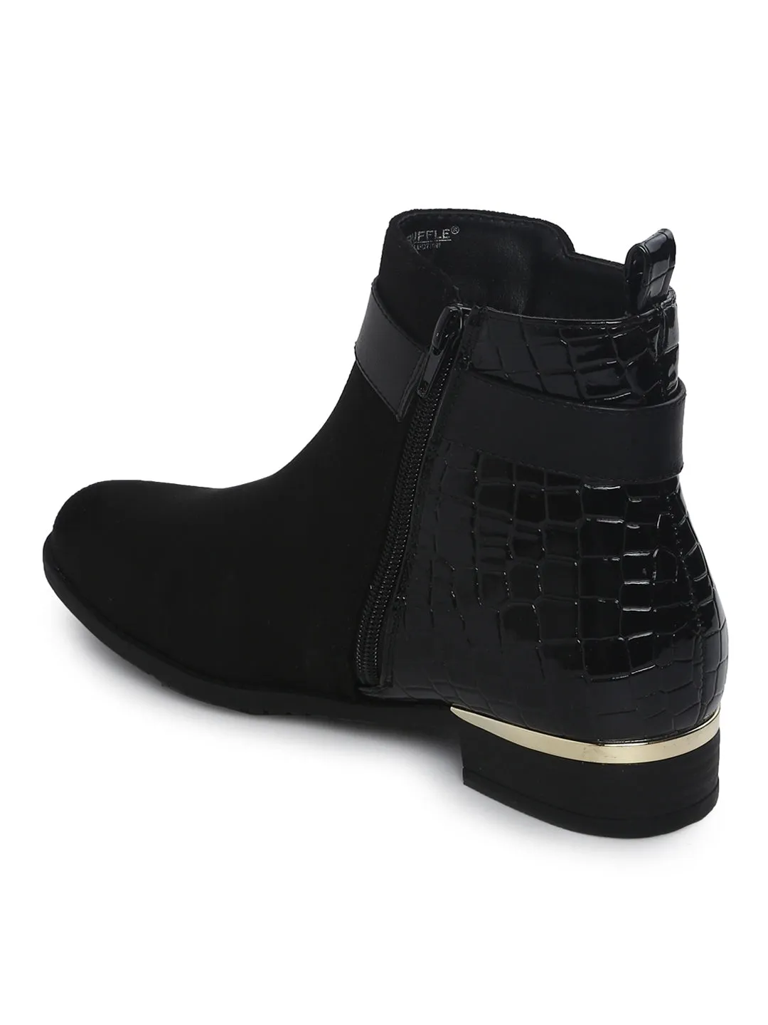 Black Micro Front And Croc Back Flat Ankle Boots