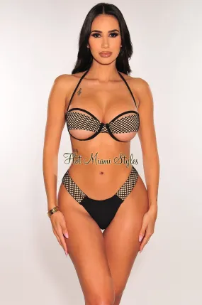 Black Nude Halter Underwire Fishnet Cut Out Tie Up Thong Bikini Top