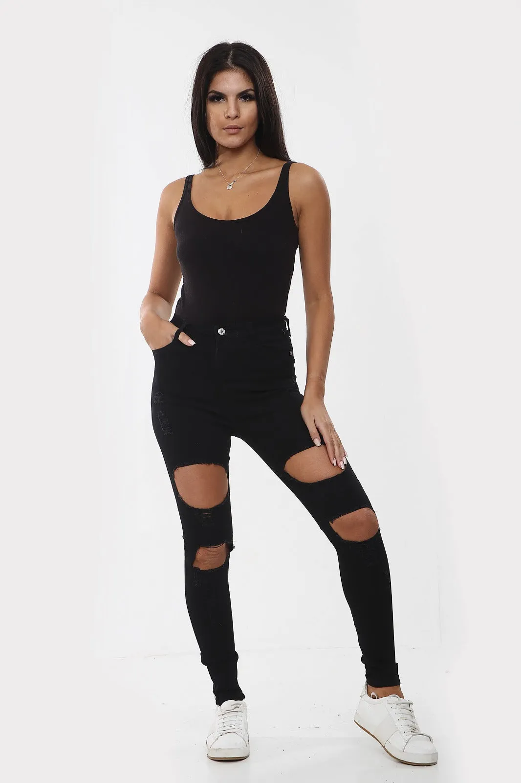 BLACK RIPPED Ladies High Waisted Jeans