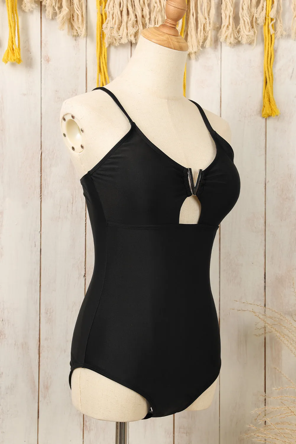 Black Spaghetti Straps Metal V Decor One-Piece Swimsuit