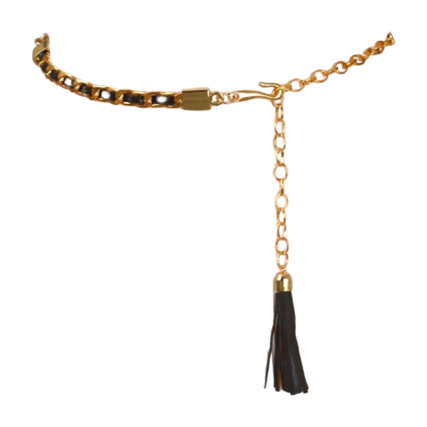 Black Tassel Skinny Waistband Belt Gold Metal Chain Links M L